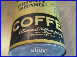 Very RARE ANTIQUE ATWOOD'S COFFEE TIN LITHO 3 LB CAN 9 1/4 Tall, Nice Graphics