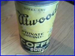 Very RARE ANTIQUE ATWOOD'S COFFEE TIN LITHO 3 LB CAN 9 1/4 Tall, Nice Graphics