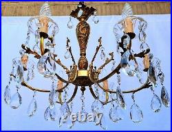 Very nice French vintage six-light chandelier with glass pendants ++