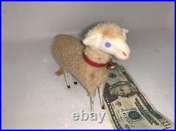 Very nice Large ANTIQUE Christmas Toy GERMAN PUTZ WOOLY SHEEP w Bell STICK LEG