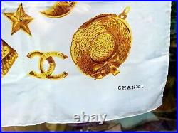 Vintage Chanel Large White Gold Stars Half-moon Silk Scarf Very nice! 1990s