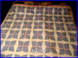Vintage Hand Quilted Patchwork Pattern Quilt Pink & Blue Very Nice Condition