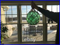 Vintage Large Hand Blown Glass Green Fishing Ball Float Net Very Nice 36'