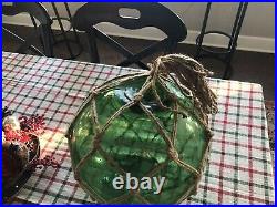 Vintage Large Hand Blown Glass Green Fishing Ball Float Net Very Nice 36'