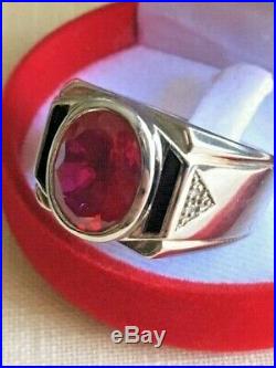 Vintage Men's Silver Ring 5 Ct Ruby with Onyx Diamonds Size 10.25 VERY NICE! RARE