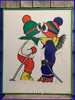 Vintage SUGARLOAF Maine Mountain Ski Resort Poster Kissing Kids VERY NICE 22x16