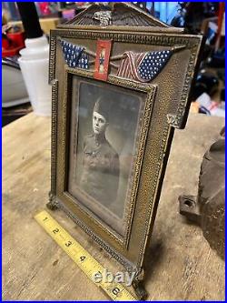 Vtg WW1 Picture Framed Brass Antique Soldier USA Doughboy Military Very Nice
